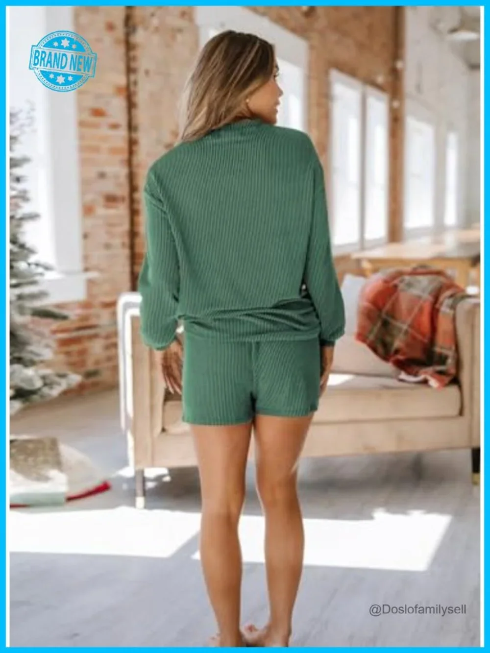 Ribbed Knit Long Sleeve Top and Shorts Matching Lounge Set with Pockets
